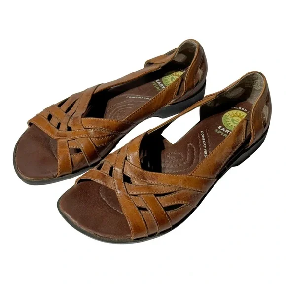 Earth Spirit Comfort First Brown Leather Open Toe Slip On Sandals Size 6.5 - Picture 1 of 8